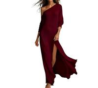 Generico Vestido largo de mujer elegante - Vestido largo de verano para mujer, informal, manga larga, ropa amplia con abertura, vestido de un solo hombro, color liso, vestido ligero y transpirable