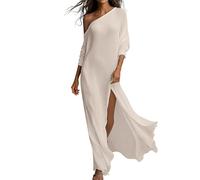 Generico Vestido largo de mujer elegante - Vestido largo de verano para mujer, informal, manga larga, ropa amplia con abertura, vestido de un solo hombro, color liso, vestido ligero y transpirable