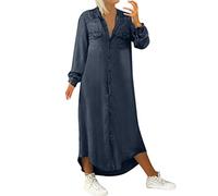 Generico Vestido largo de mujer elegante - Vestidos de verano para mujer, vestido de cuello en V de manga larga vestidos de mezclilla de un solo pecho vestido camisero con bolsillos vestido liso ancho