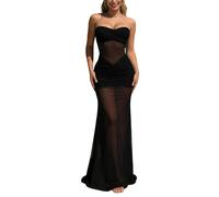 Genérico Vestido largo elegante para mujer con yugo transparente con hombros desatados, perfecto para fiestas casuales y ocasiones especiales, Le Noir, S
