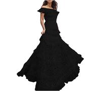 Genérico Vestido Largo Mujer Hombros Descubiertos Volantes Hojas Encaje Calado Falda Abultada Vestido de Verano Romántico Midi, Le Noir, L