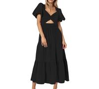 Genérico - Vestido largo para mujer, cuello en V, manga con balón liso, cintura afilada, para noche, diario, vestido elegante, Le Noir, M