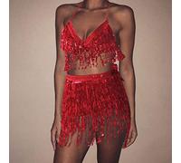 Genérico Vestido Lentejuelas Mujer,Falda + Chaleco Traje Borla Mujer Vientre Lentejuelas Mini Club Wrap Set Mujeres Trajes Y Conjuntos (Red One Size)
