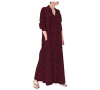 Genérico Vestido Maxi Boho de Manga Larga para Mujer de Algodón y Lino Estampado, Camisa con Bolsillos Corte Casual, Chic e Casual Vestido de Noche Largo, vino., XXL