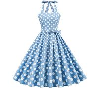 Genérico Vestido mediano largo para mujer, estilo Hepburn, estampado de polka, espalda con cordones, cuello y mancuerna sin espalda ni falda grande acampanada para boda, noche, azul claro, L