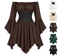 Genérico vestido medieval bohemio con bustier corsé vestido de pirata para mujer, disfraz de corsario del Caribe con hombros descubiertos y corsé con cordones, renacentista gótico para Halloween
