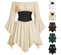 Genérico vestido medieval bohemio con bustier corsé vestido de pirata para mujer, disfraz de corsario del Caribe con hombros descubiertos y corsé con cordones, renacentista gótico para Halloween