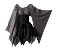 Genérico Vestido Medieval Mujer Strapless Bruja Disfraz Halloween Mujer Sexy Primavera Hechicera Vestidos Malefica Sin Mangas Murcielago Disfraz Princesa Capa Invierno Étnico 2#gris oscuro S