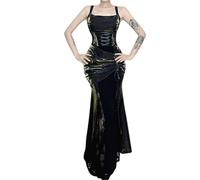 Genérico Vestido Mujer Cuero Sexy Hot Fiesta, Halloween Cosplay Nero Ajustado, Vestido gótico Negro con chalm, Maxi Vestid Cóctel Fiesta Playa Club Carnaval