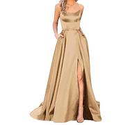 Genérico Vestido Mujer Fiesta - Vestidos Baile Damas Mujeres Largas Elegante Halter Sin Espalda Vestidos LargosCrisn Satin Spaghetti Party Vestido Corte Lateral Vestido Noche Boda con Bolsillos