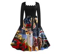 Genérico Vestido Mujer Mujer Vestidos De Navidad Nuevo Burnout Cuello Cuadrado Posicionamiento Delgado Navidad Vacaciones Espíritu Impreso Vestidos de Manga Larga Swing (Gold L)