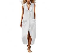 Genérico Vestido Mujer Verano, Vestido Elegante Mujer, Elegante Vestido Largo Liso Sin Mangas con Bolsillos para Uso Diario Informal Vestido Camisero Ligero Sin Mangas con Pantalón