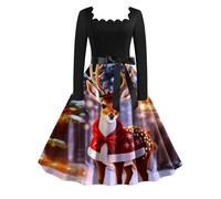 Genérico Vestido Mujer Vestido Navidad Nuevo Burnout Cuello Cuadrado Posicionamiento Delgado Navidad Vacaciones Espíritu Impreso Vestidos de Manga Larga Swing (Red XL)