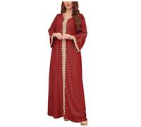 Genérico Vestido Musulmán Dubai 2026 Mujer Oro Hoja Cuello en V Manga Larga Cómodo Diario Descanso (Brown, S), rojo, S