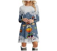 Genérico Vestido Navidad Christmas Dress Women Vestido de Fiesta de cóctel de Moda con Cuello Redondo y Manga Larga con Estampado de Ciervos para Mujer de Navidad (Blue S)