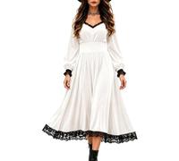 Generico Vestido renacentista y medieval para mujer, vestido elegante de manga larga con cuello en V y encaje, vestido de noche vintage perfecto para Halloween