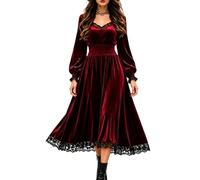 Generico Vestido renacentista y medieval para mujer, vestido elegante de manga larga con cuello en V y encaje, vestido de noche vintage perfecto para Halloween