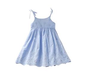 Genérico Vestidos Blancos para Niñas de Verano de Algodón de Playa sin Mangas o Mangas Cortas con Volantes, Cuello Redondo, Sólido, Suelto, Corto, Fluido, plisado, Vestido Mini Babydoll, 12- Azul, 5