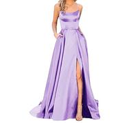 Genérico Vestidos de Baile Damas Mujeres largas Elegantes sin Espalda Vestidos largosCrisn Satin Spaghetti Party Vestido de Corte Lateral Vestido de de Noche de Boda con Bolsillos (Purple, M)