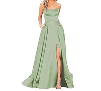 Genérico Vestidos de Baile Damas Mujeres largas Elegantes sin Espalda Vestidos largosCrisn Satin Spaghetti Party Vestido de Corte Lateral Vestido de de Noche de Boda con Bolsillos (Green, XL)