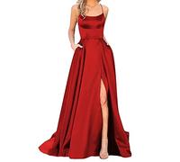 Genérico Vestidos de Baile Damas Mujeres largas Elegantes sin Espalda Vestidos largosCrisn Satin Spaghetti Party Vestido de Corte Lateral Vestido de de Noche de Boda con Bolsillos (Red, XXXL)