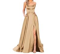 Genérico Vestidos de Baile Damas Mujeres largas Elegantes sin Espalda Vestidos largosCrisn Satin Spaghetti Party Vestido de Corte Lateral Vestido de de Noche de Boda con Bolsillos (Khaki, XXL)