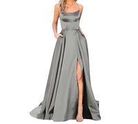 Genérico Vestidos de Baile Damas Mujeres largas Elegantes sin Espalda Vestidos largosCrisn Satin Spaghetti Party Vestido de Corte Lateral Vestido de de Noche de Boda con Bolsillos (Grey, L)