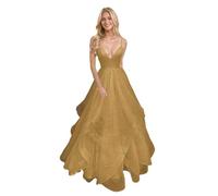 Genérico Vestidos De Fiesta De Tul con Hombros Descubiertos Y Escote En V Brillante para Mujer Vestidos Largos Elegantes De Corte A para Fiesta De Noche Formal Gold 6XL