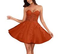 Genérico Vestidos De Fiesta De Tul para Adolescentes con Escote En Forma De CorazóN Y Encaje Vestido De Fiesta Corto con Tirantes Finos Burnt Orange L