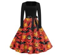 Genérico Vestidos De Fiesta Mujer Elegantes con Cordones Pirata Otoño Disfraz Halloween Adulto Mujer Calabaza Patchwork Terror Vestidos Fiesta Clásico Traje Halloween Murcielago 2#Rojo S