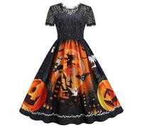 Genérico Vestidos De Fiesta Mujer Elegantes con Falda Amplia Gotico Otoño Disfraz Halloween Adulto Mujer Fantasma Estampado Miedo Vestidos Fiesta Vintage Traje Halloween Esqueleto 2#Amarillo XXL