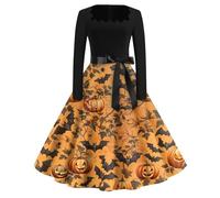 Genérico Vestidos De Fiesta Mujer Elegantes con Falda Amplia Sexy Invierno Disfraz Halloween Adulto Mujer Estampado Terror Vestidos Fiesta Popular Traje Halloween Murcielago 2#Naranja S