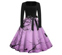 Genérico Vestidos De Fiesta Mujer Elegantes con Falda Amplia Terror Otoño Disfraz Halloween Adulto Mujer Esqueleto Estampado Pirata Vestidos Fiesta Casual Traje Halloween 2#púrpura M