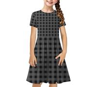 Genérico Vestidos de manga corta para niñas de 4 a 14 años, vestidos de noche, cóctel con lentejuelas de manga corta, plisada, cintura smocke, vestido corto, 04- Gris Oscuro, 9 años