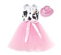 Genérico Vestidos De Princesas para NiñAs, Vestidos Elegantes Sin Mangas con Estampado De Vaca para NiñAs PequeñAs para Halloween Fiesta Cosplay con Sombrero Conjunto De 2 Piezas