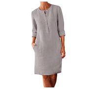 Genérico Vestidos Mujer Talla Grande Invierno Vestido hasta La Rodilla Boho Casual Mujer con Botones Suelto Vestido De Lino Cuello Vestido De Mujer Vestidos Manga Larga (Grey, L)
