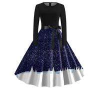 Genérico Vestidos para Navidad Christmas Dress Women Vestido de de cóctel con Cuello Redondo y Manga Larga Estampado para Mujer (Dark Blue S)