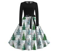 Genérico Vestidos para Navidad Mujer Christmas Dress Women Vestido de de cóctel con Cuello Redondo y Manga Larga Estampado para Mujer (White XL)