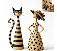 Genérico Vintage Cat and Lady Sculptures,Fun Striped Black Cat and Polka Dot Lady Ornament Statue,Rustic Western-Style Farmhouse Quirky Duo Figurines,for Mantel Living Room Home Office Decor