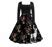 Genérico Vintage De Navidad para Mujeres - Nuevo Burnout Cuello Cuadrado Posicionamiento Delgado Navidad Vacaciones Espíritu Impreso Vestidos de Manga Larga Swing (Green L)