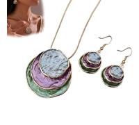 Genérico Vintage Enamel Jewelry Set, Boho Layered Earrings Necklaces Set, Triple-layer Hammered Colorful Pendants Necklace, Jewelry Gift for Women Anniversary Birthday (purple green)