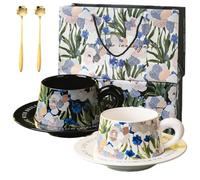 Genérico Vintage Iris Coffee Mug with Saucer Set-Couples Cups, Elegant Floral Ceramic Tea Cup Set, Engagement Wedding Housewarming Birthday Mug Gift for Friend Leader Bestie