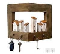 Genérico Vintage Key Holder Wall Mount, 3D Rustic Wooden Country Houses Key Hanger with 4 Hooks, Handmade Distressed Keys Rack Organizer for Entryway Doorway Living Room Home Decor