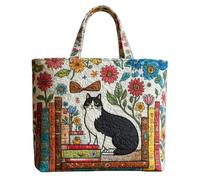 Genérico Vintage Quilted Tote Bag,Cute Animals Print Cotton Shoulder Bag,Canvas Book Print Shoulder Bags for Vacation Shopping