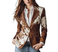 Genérico Vintage Stand Collar Suede Cow Print Slim Jacket Single Breasted Long Sleeve Blazer Faux Suede Cowhide Pattern Slim Fit Coat (1PCS/A,S)