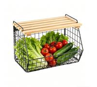 Genérico Wall Mounted Wire Basket, Stackable Under Sink Iron Organizer With Wood Lid, Wire Storage Bin For Produce Potatoes Fruits Snacks Vegetables Bread Kitchen Pantry Countertop Space Saving
