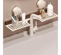 Genérico Walnut Bathroom Kitchen Suction Cup Shelf, Wall Mounted No Drilling Storage Shelf Basket Accessories, Wood Faucet Storage Rack, for Vanity, Kitchen (White)