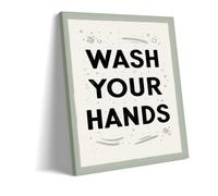 Genérico Wash Your Hands Lienzo Impreso Decoración De Pared Baño | Mensaje tipográfico destacado sobre lienzo crema con borde salvia y detalles de burbujas, ideal para baños, disponible