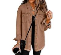 Genérico Washed Denim Shirt Jacket For Women, Women'S Casual Denim Button Down Distressed Jacket, for Everyday Versatile (Brown,XXL)