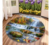 Genérico Waterfall Round Rugs for Living Room - Autumn Forest Area Rug 100cm, Scenery, Non-Slip Low Pile, Landscape Home Decor & Gifts